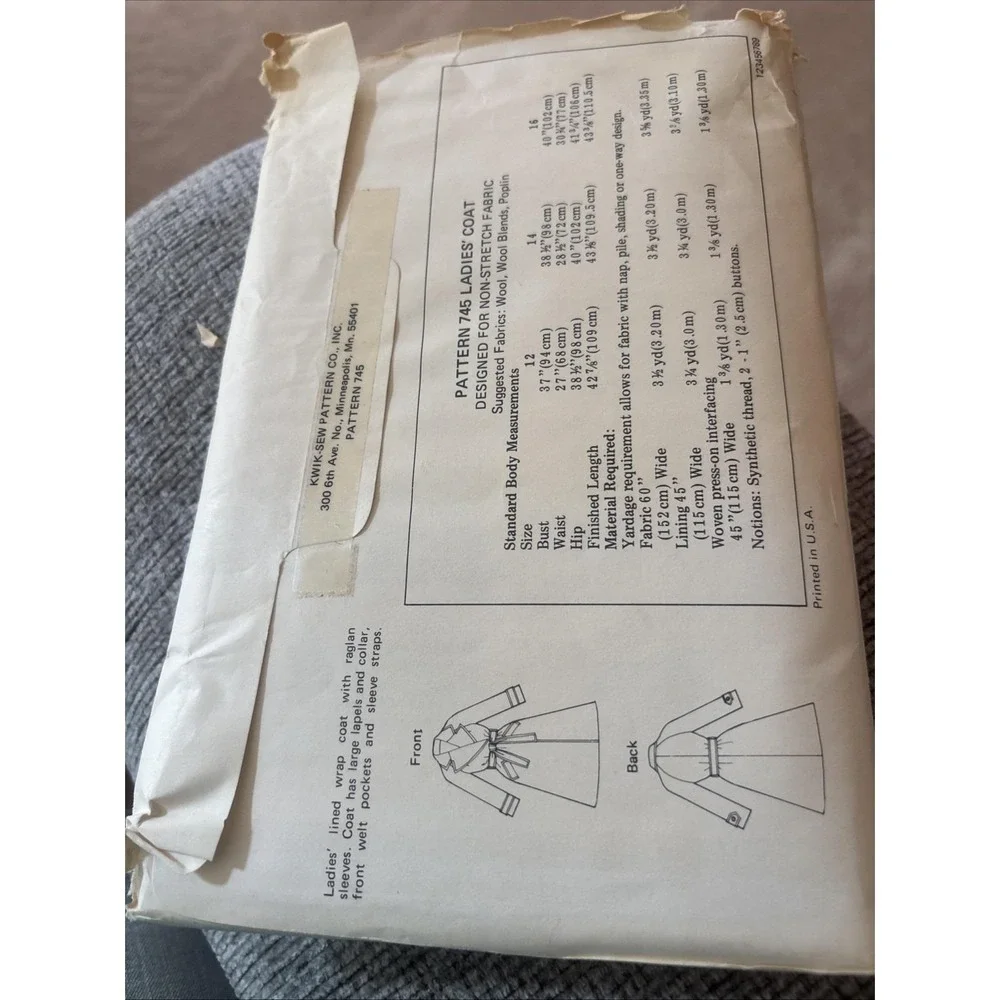 Vintage Kwik Sew Pattern 745 Ladies Lined Wrap Coat Sz 12-14-16 Uncut 1974 Retro